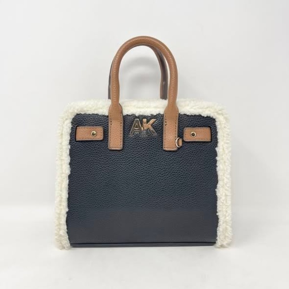Anne Klein‎ Top Handle Handbag Purse Black Faux Leather Cream Sherpa Trim Luxury